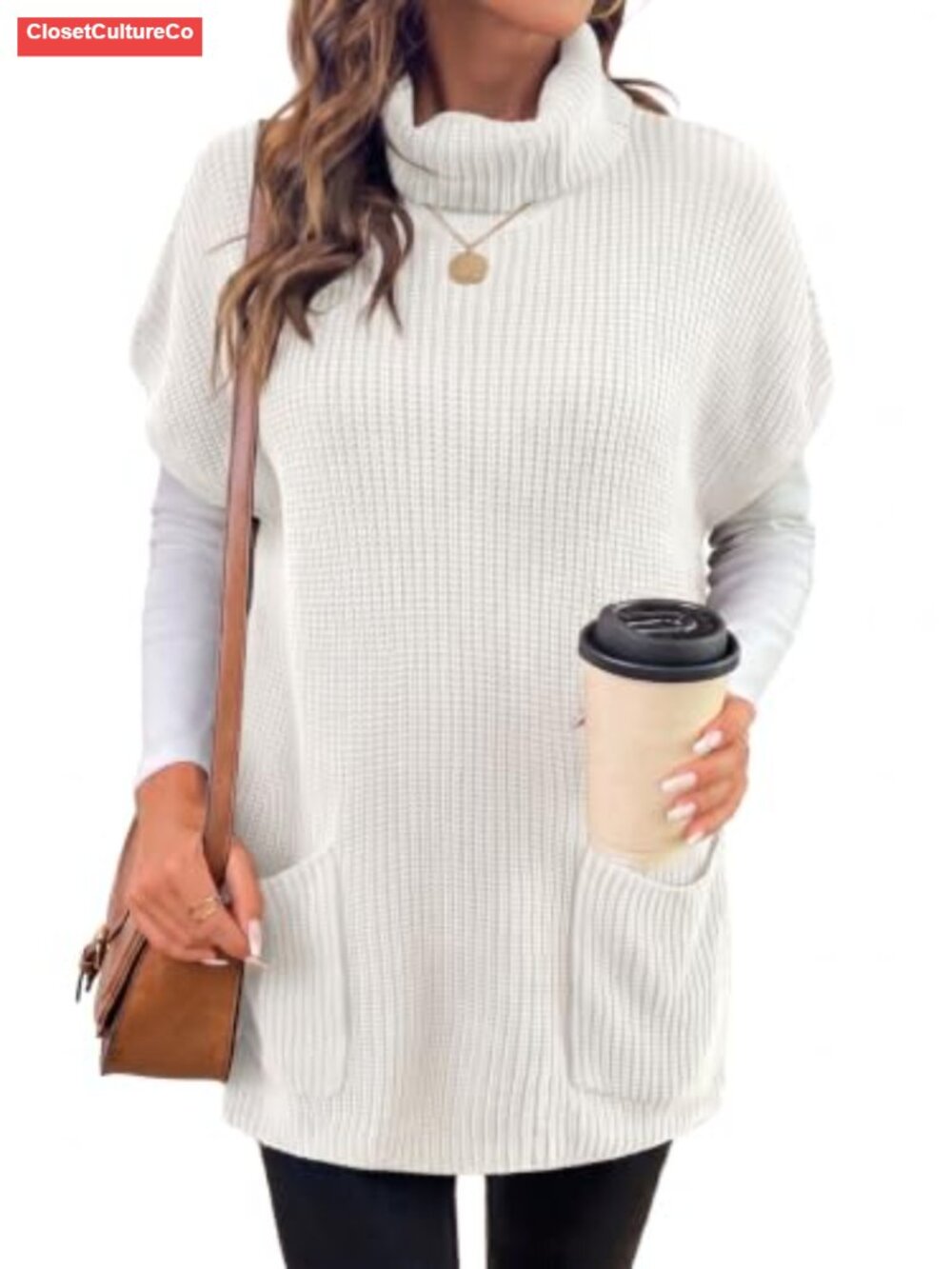 Crochet Knit Turtleneck Sweater Vest Cap Sleeve Tunic Layering Top